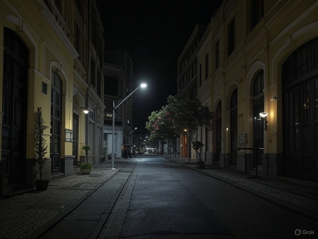 Rua deserta no meio da noite, iluminada por alguns poucos postes de luz