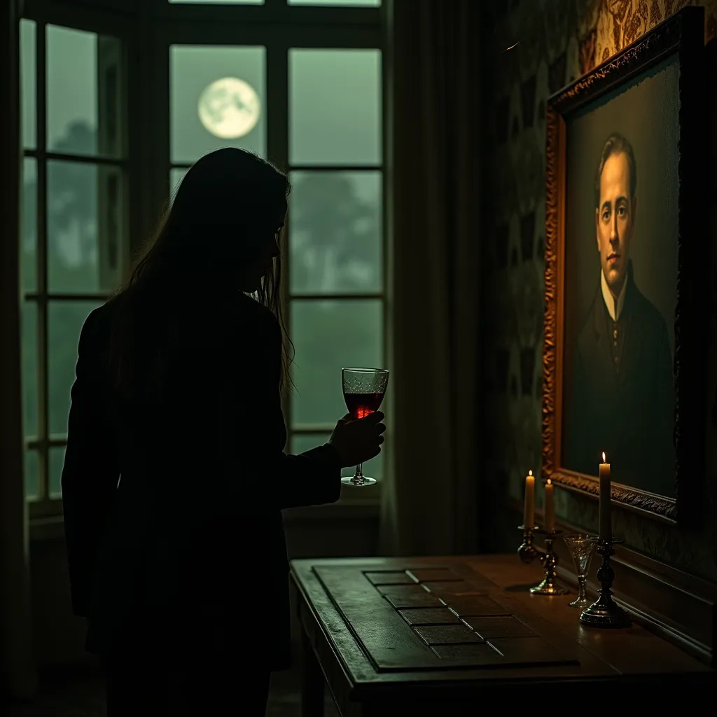 silhueta de uma pessoal, aparentemente com longos cabelos, segurando uma taça com um liquido escuro, essa pessoa está olhando para um quadro na parede, o quadro parece o auto retrato de alguma pessoa de alta classe, o local se encontra na noite de lua cheia