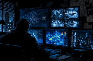 Monitores exibindo dados de tráfego e vigilância urbana em uma sala escura.