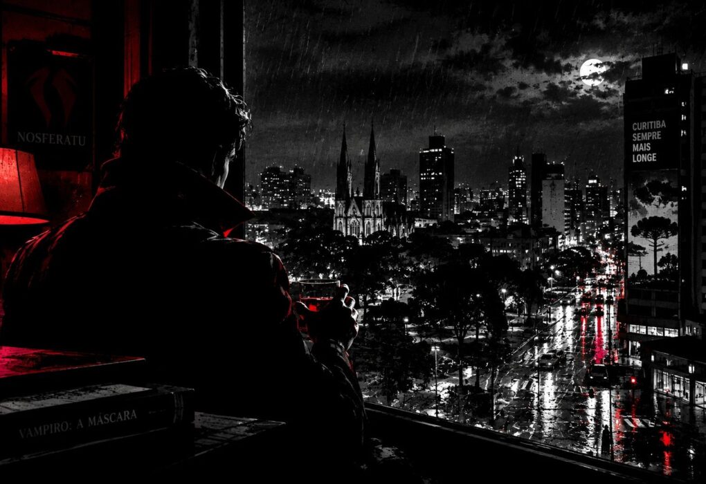 Silhueta de um vampiro observa Curitiba à noite através de uma janela, sob a chuva e luzes vermelhas refletidas nas ruas.