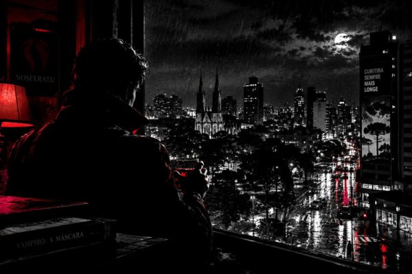 Silhueta de um vampiro observa Curitiba à noite através de uma janela, sob a chuva e luzes vermelhas refletidas nas ruas.