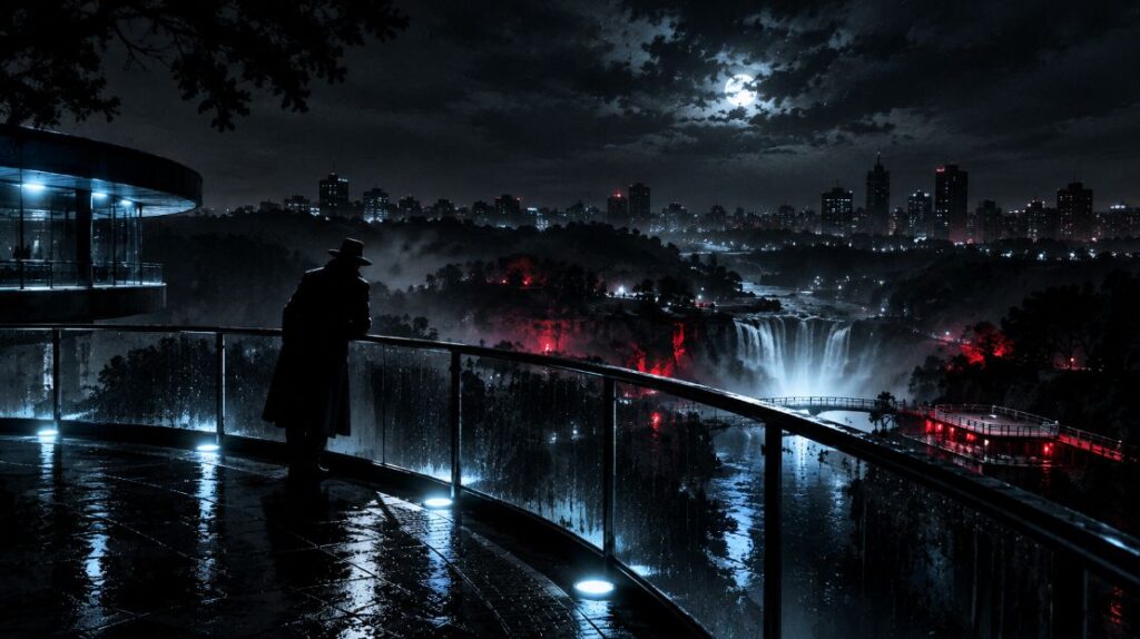 Mirante do Parque Tanguá à noite com iluminação fria e silhueta solitária.