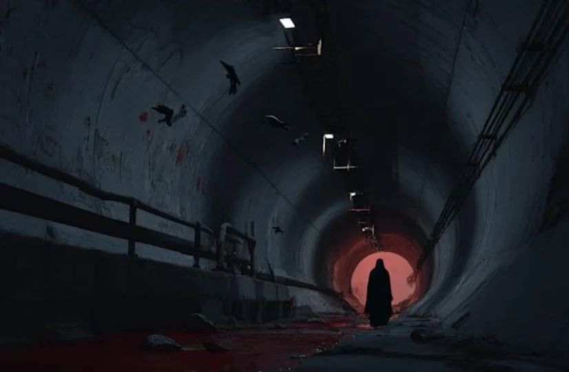 Sombra misteriosa em um túnel subterrâneo escuro