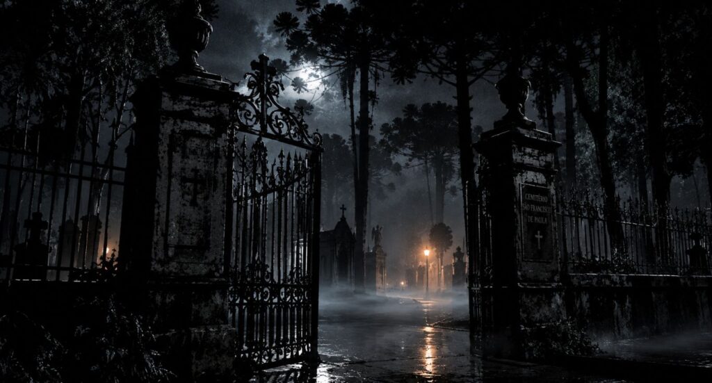 Entrada de cemitério histórico em Curitiba com névoa à noite.