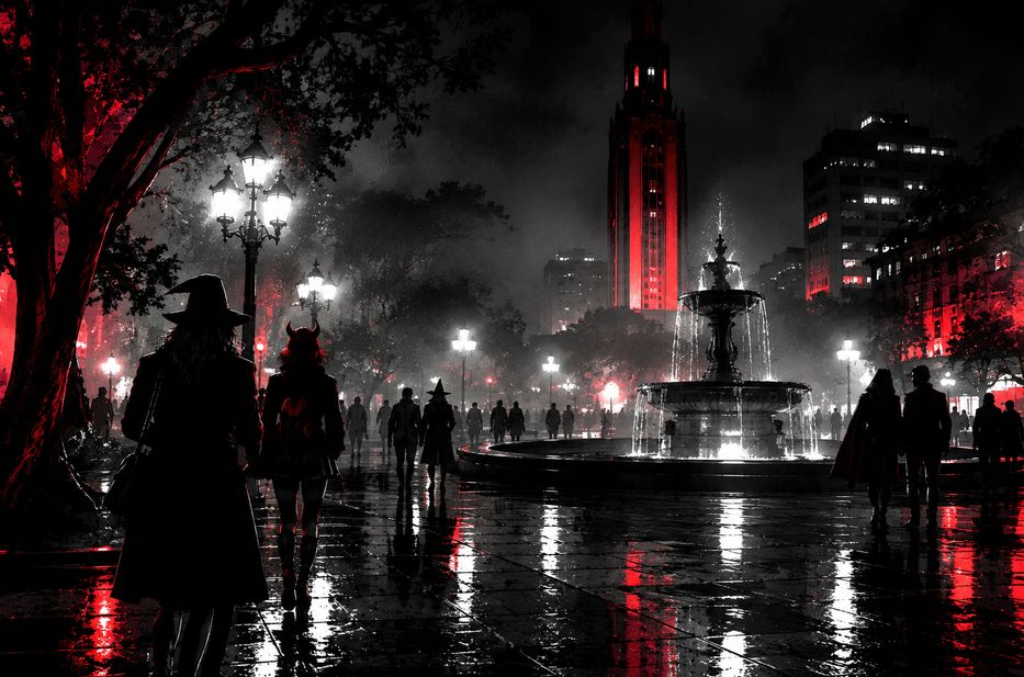 Praça da Espanha em Curitiba durante a noite com neblina e pessoas ao fundo.
