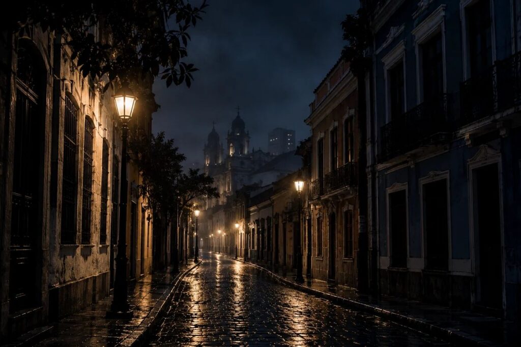 Panorama noturno de Curitiba com névoa sob luzes urbanas