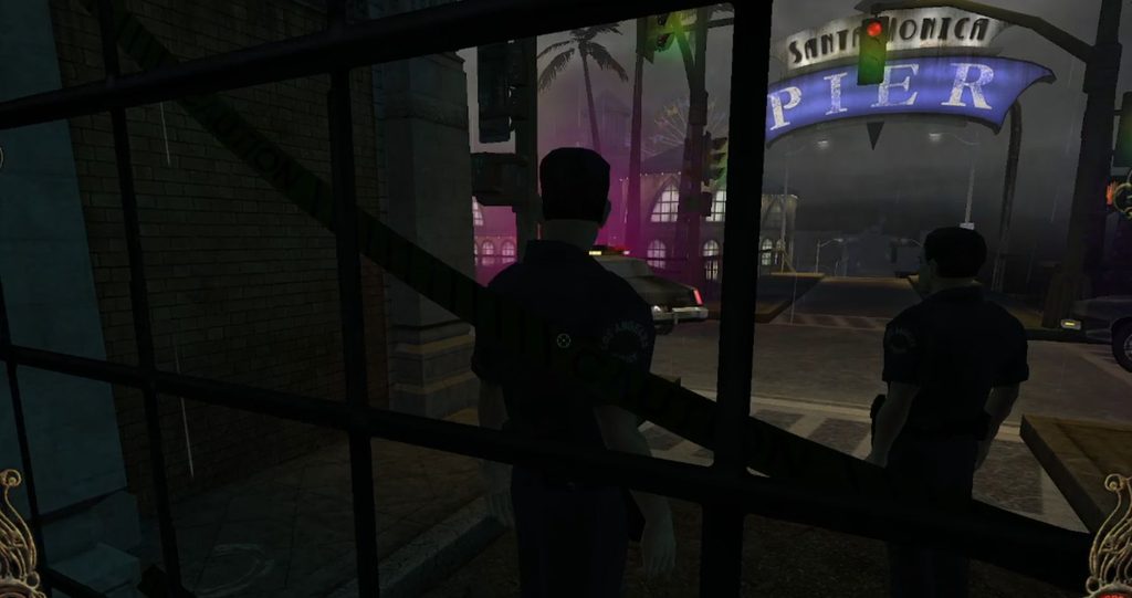 Policiais em santa Monica discutindo o caso do assasinato no pier