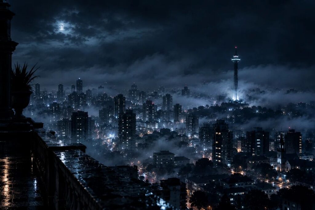 Panorama noturno de Curitiba com névoa sob luzes urbanas