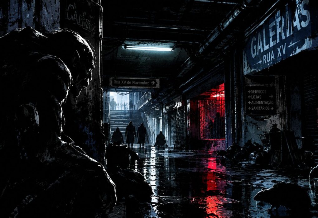 Criatura Nosferatu espreita uma galeria subterrânea escura sob a Rua XV, em Curitiba, em uma ilustração noir.