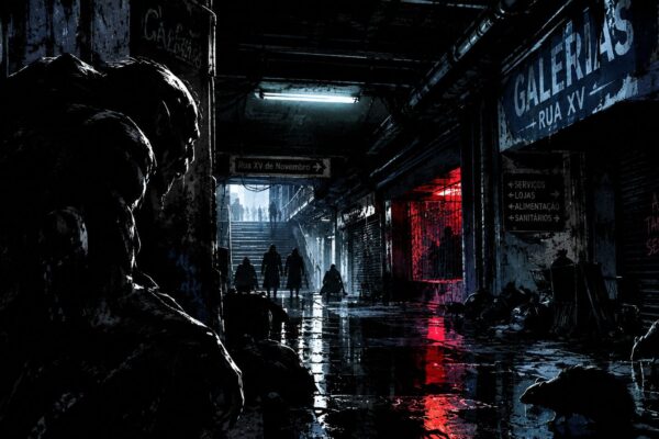 Criatura Nosferatu espreita uma galeria subterrânea escura sob a Rua XV, em Curitiba, em uma ilustração noir.