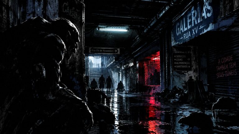 Criatura Nosferatu espreita uma galeria subterrânea escura sob a Rua XV, em Curitiba, em uma ilustração noir.